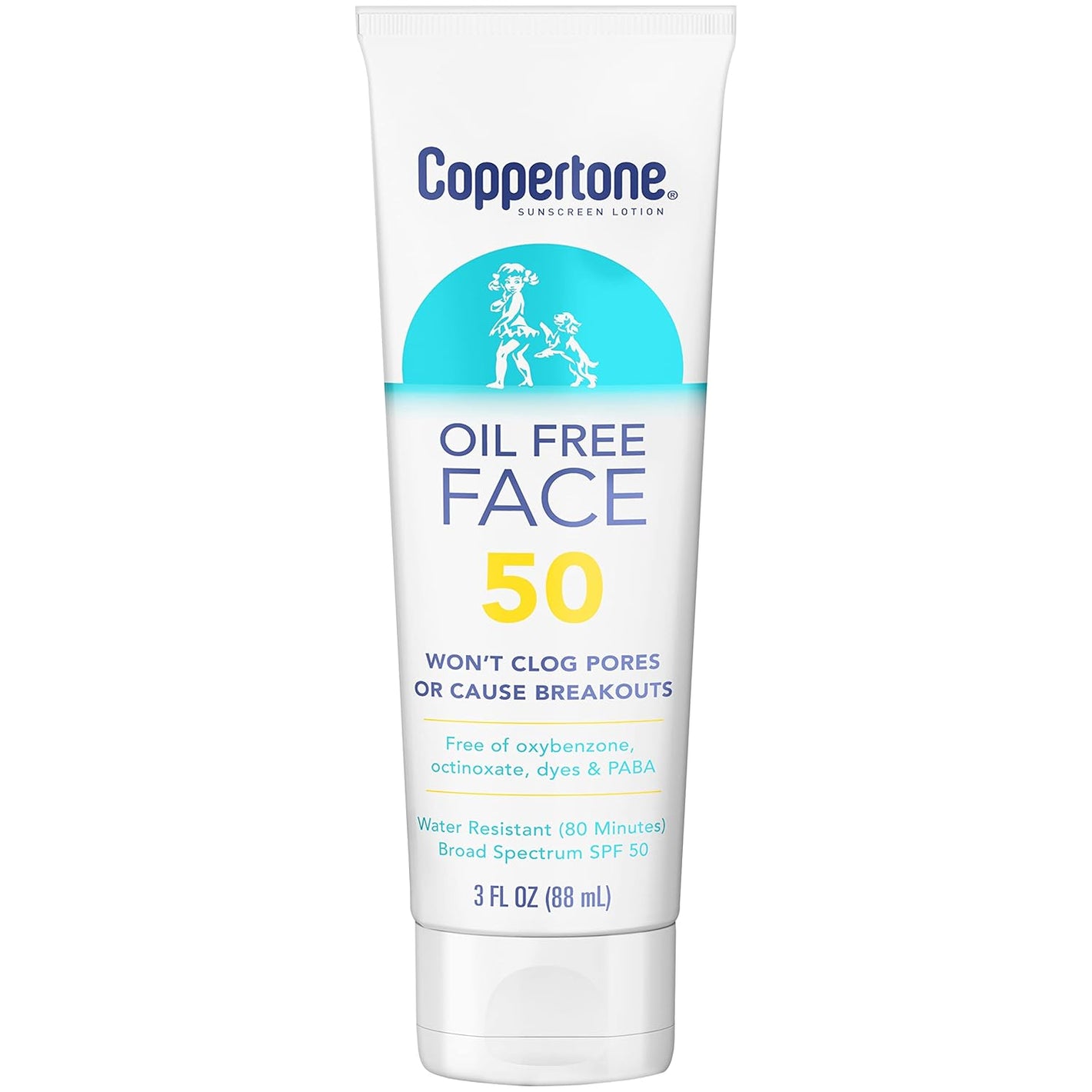 Coppertone Oil Free Sunscreen for Face SPF 50, Face Sunscreen Lotion, Travel Size, 3 Fl Oz Tube