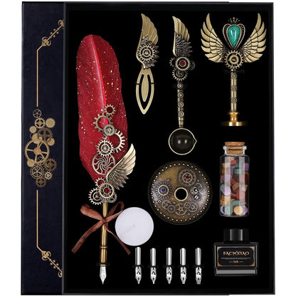 Quill Pen Set, Green, Feather Pen, Ink, Bookmarks, Seals, Nibs, Wax Bead, Envelopes, Writing Paper, Gift Box