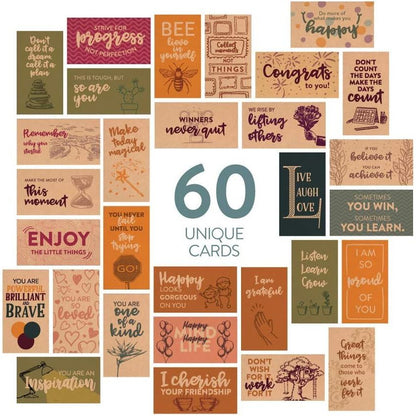DIVERSEBEE 60 Pack Assorted Motivational Cards - Inspirational and Kindness Mini Note Cards, Gratitude Encouragement Card Set with 60 Unique Motivational Quotes Business Card Size (Assorted)