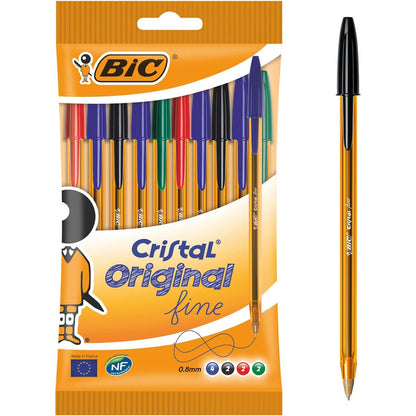 BIC Cristal Original Fine Ball Pens Fine Point (0.8 mm) - Assorted Colours, Pouch of 10