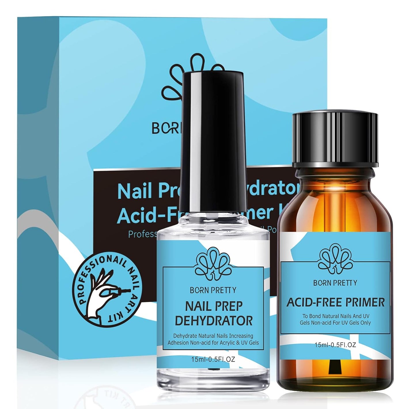 BORN PRETTY Nail Dehydrate and Primer, 15ml HEMA&TPO Free Dehydrator for Acrylic and Gel Nail Polish, Non Acid Primer for U V Gels, No Burn Fast Air Dry Nail Prep Dehydrator Set, 0.5oz