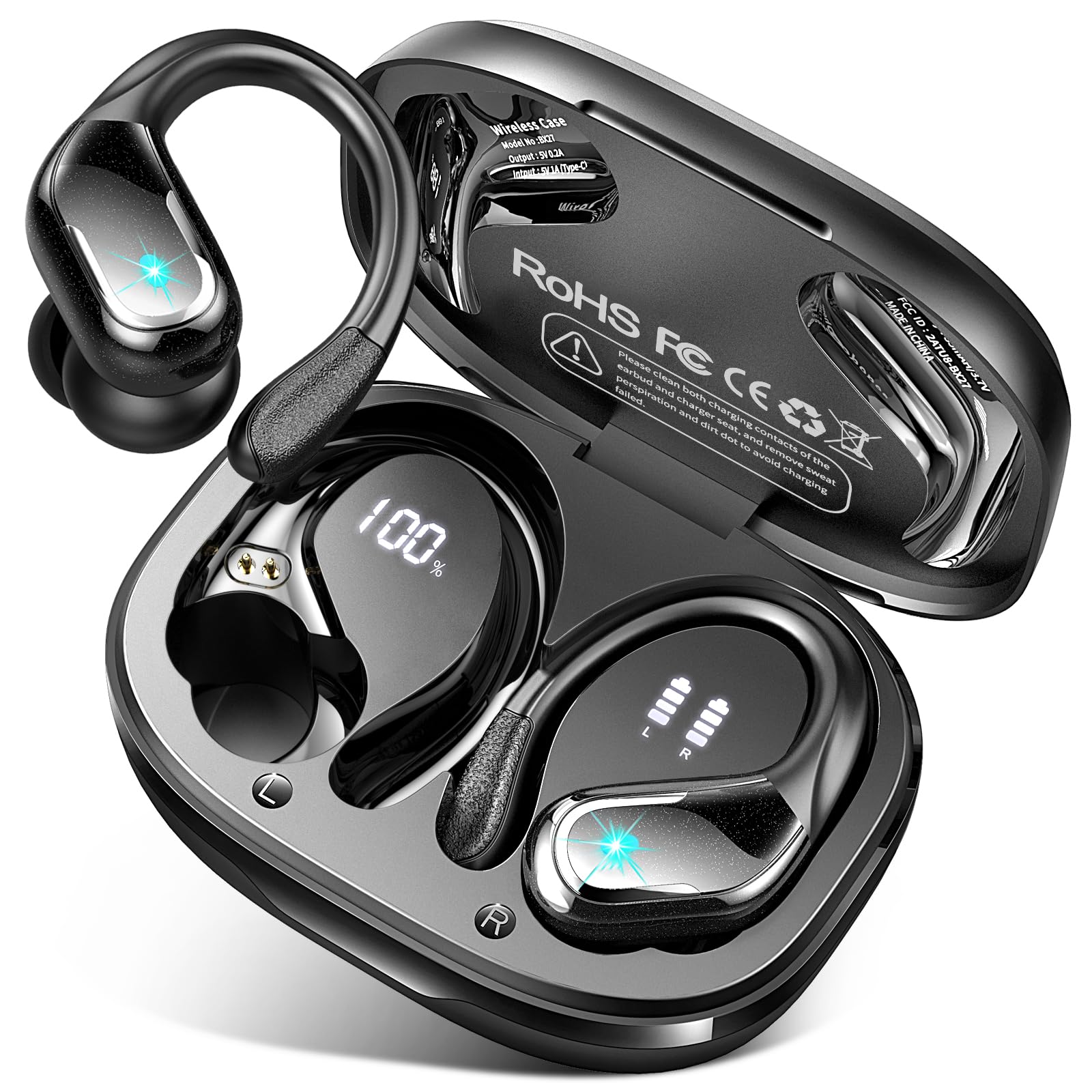 Buy now Ltinist Wireless Earbud, Bluetooth 5.3 Headphones Pure Bass Sound with Earhooks, 75H Battery Over Ear Headphones with Dual-LED Display, IP7 Waterproof Earphones Built-in Microphone for Running Sports at indiglob india