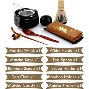 Artcome 10Pcs Japanese Matcha Tea Set, Matcha Bowl, Matcha Whisk, Whisk Holder, Traditional Scoop, Tea Spoon, Tea Cloth, Bamboo Holder, Scoop Holder, Matcha Powder Caddy, Matcha Powder Strainer(Black)