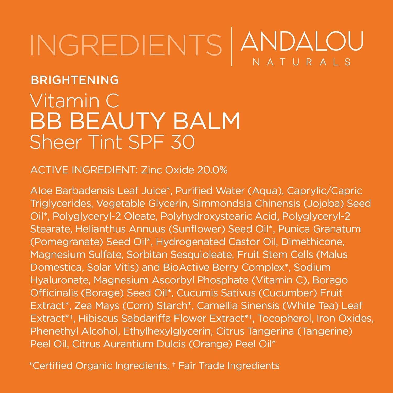 Andalou Naturals Vitamin C BB Beauty Balm Sheer Tint SPF 30, 2-in-1 BB Cream & Face Sunscreen with Broad Spectrum Protection, Mineral Sunscreen with Non-Nano Zinc Oxide, 2 Fl Oz - My Store