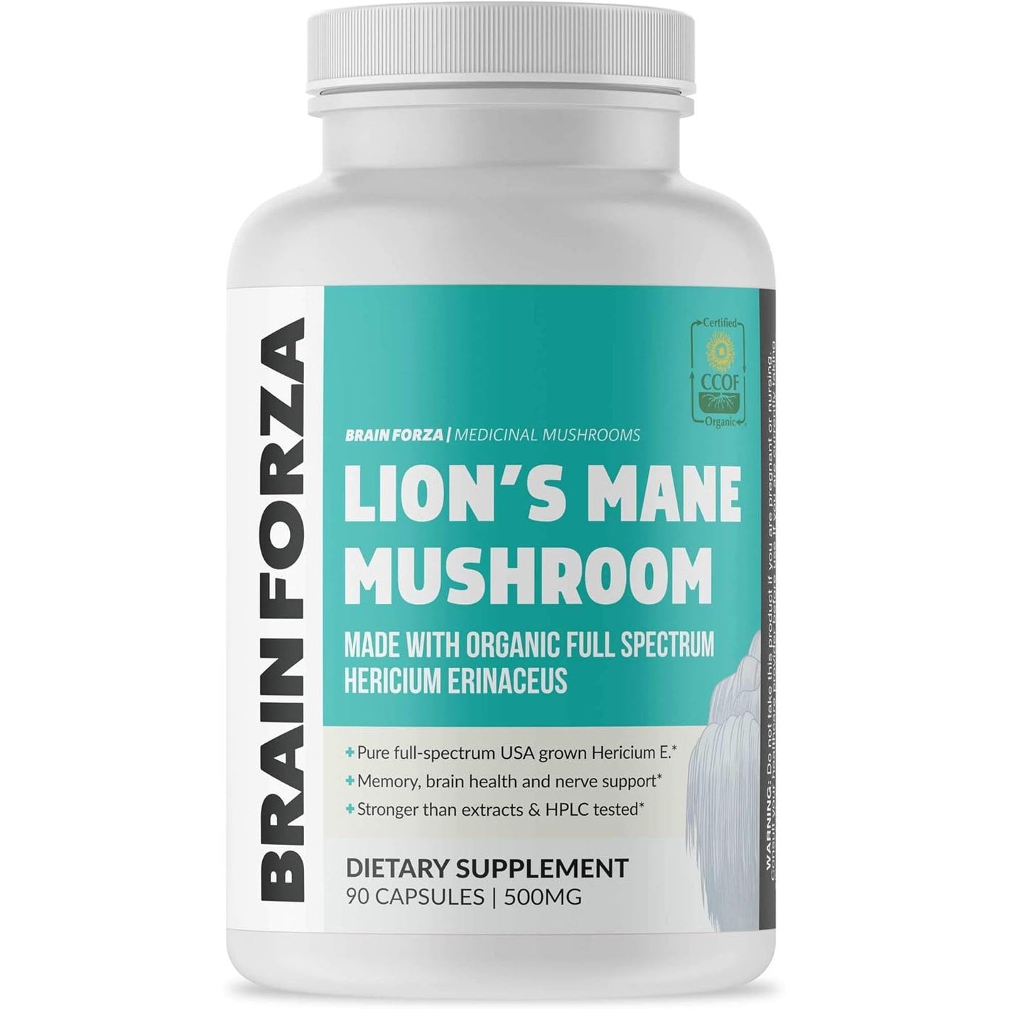 Brain Forza Organic Lion's Mane Mushroom Capsules, Natural Supplement for Memory Support, Focus, Clarity, Nerve Health, Non-GMO, Vegan, Organic, 90 Capsules