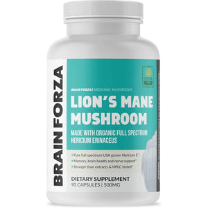 Brain Forza Organic Lion's Mane Mushroom Capsules, Natural Supplement for Memory Support, Focus, Clarity, Nerve Health, Non-GMO, Vegan, Organic, 90 Capsules