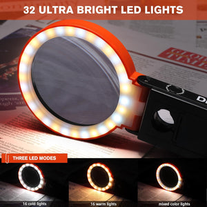 Dicfeos 30X 40X Magnifying Glass with Light and Stand, Non-Rechargeable, Folding Design 32 LED Illuminated for Close Work, Handheld Large Glasses Reading, Powered by Battery or USB