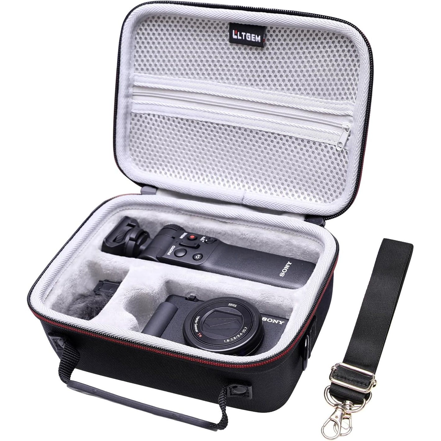 LTGEM Camera Case Compatible with Sony ZV-1F / ZV-1 / ZV-1 II Vlog Digital Camera, Tripod, Microphone and Vlogger Accessory Kit with Shoulder Strap, Black+Gray