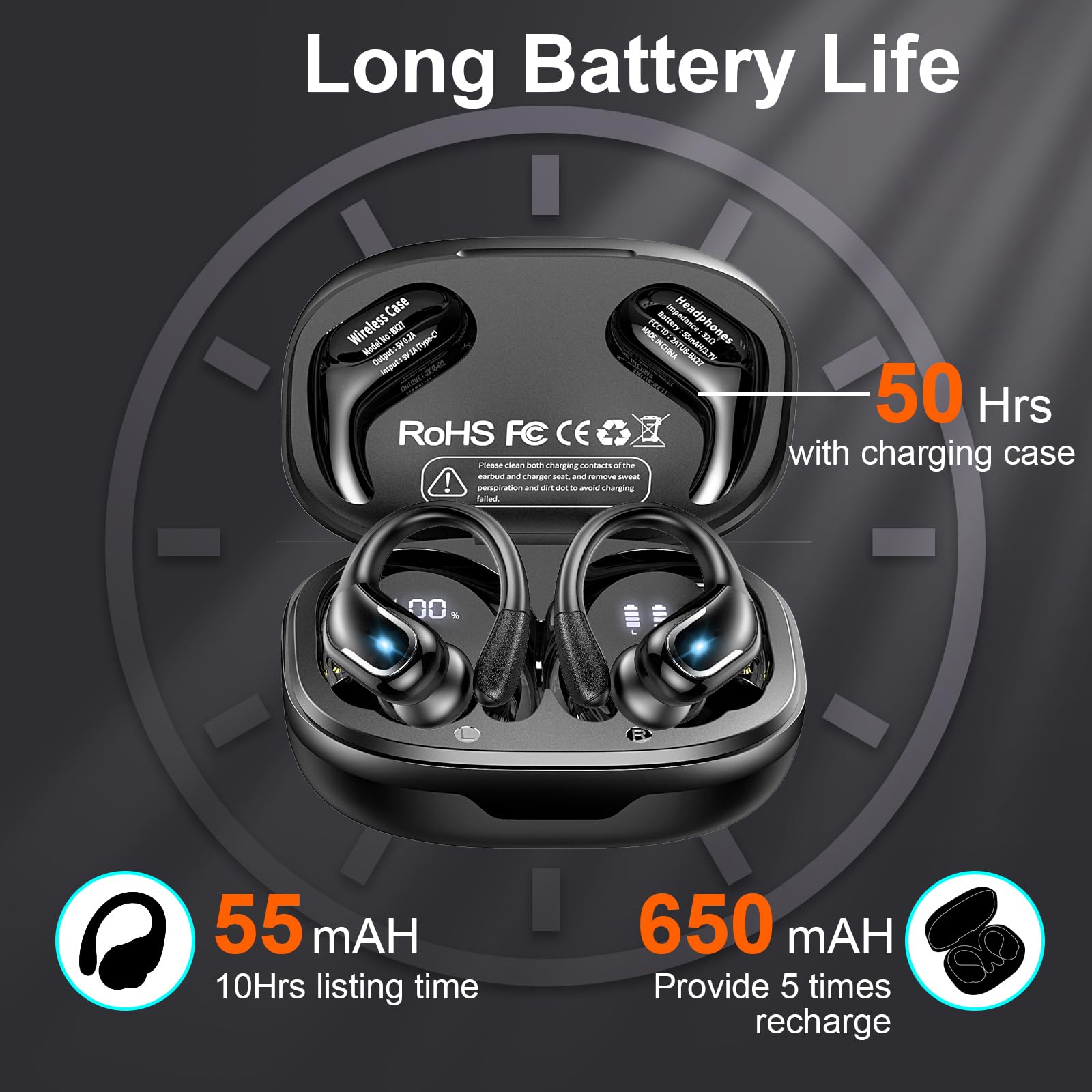 Buy now Ltinist Wireless Earbud, Bluetooth 5.3 Headphones Pure Bass Sound with Earhooks, 75H Battery Over Ear Headphones with Dual-LED Display, IP7 Waterproof Earphones Built-in Microphone for Running Sports at indiglob india