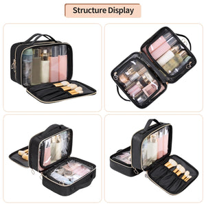 OCHEAL Makeup Bag, Double Layer Cosmetic Bag, Large Capacity New Look Clear Cosmetic Case for Women Travel Beauty Essentials, Multiple Compartments Makeup Case Organizer Zipper Pouch -Black