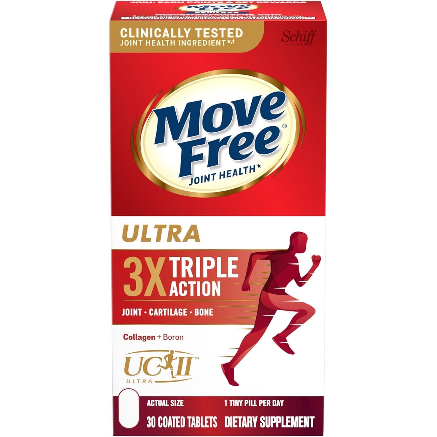 Move Free Ultra Triple Action Joint Support Supplement - Type II Collagen Boron & Hyaluronic Acid - Supports Joint Comfort, Cartiliage & Bones in 1 Tiny Pill Per Day, 30 Tablets (30 servings)*