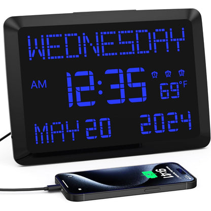 11.5” Digital Wall Clock with Date,Time,Week,Indoor Temperature,3 Alarms,5 Dimmer,2 USB Chargers,Battery Backup,Snooze,12/24H for Elderly,Parents,Impaired Vision,Dementia,Memory Loss,Office,Bedroom