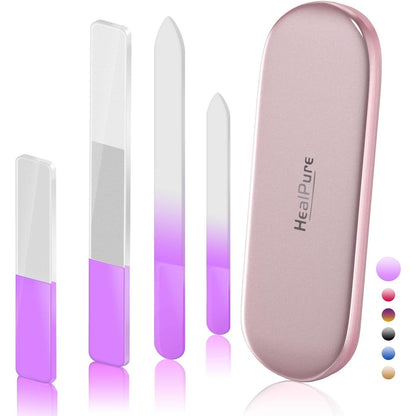 Glass Nail File and Nail Shiner, 4PC Crystal Nail File and Nano Glass Nail Buffer, Premium Set with Case, Professional Manicure Tool Fingernail Czech File for Natural Nail, Gift for Women and Girls