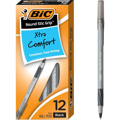 BIC Round Stic Grip Xtra-Comfort Ballpoint Pens, Medium Point, 1.2 mm, Gray Barrel, Black Ink, Pack Of 12 Pens