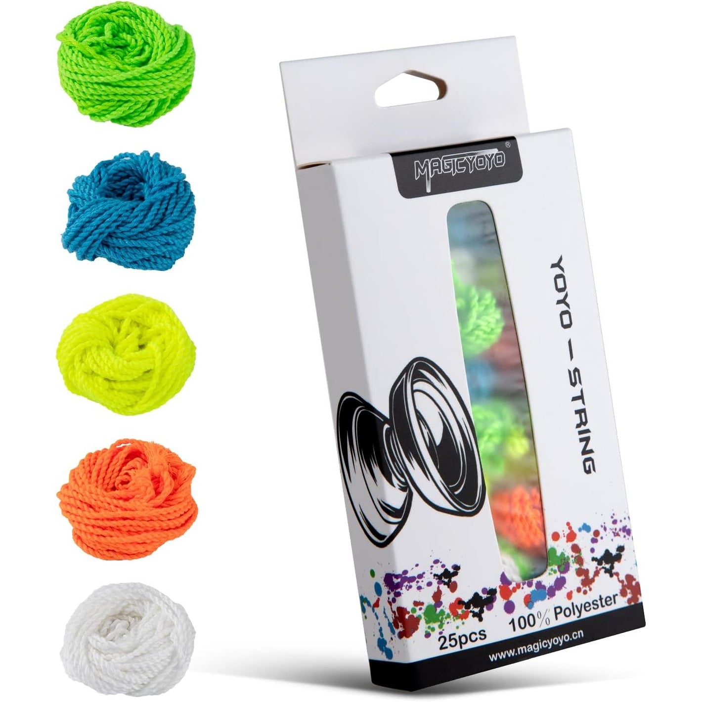 MAGICYOYO 100% Polyester Professional Yoyo Strings for Responsive and Non Responsive Yoyos - Pack of 25,Blue, Green, White,Yellow, Orange