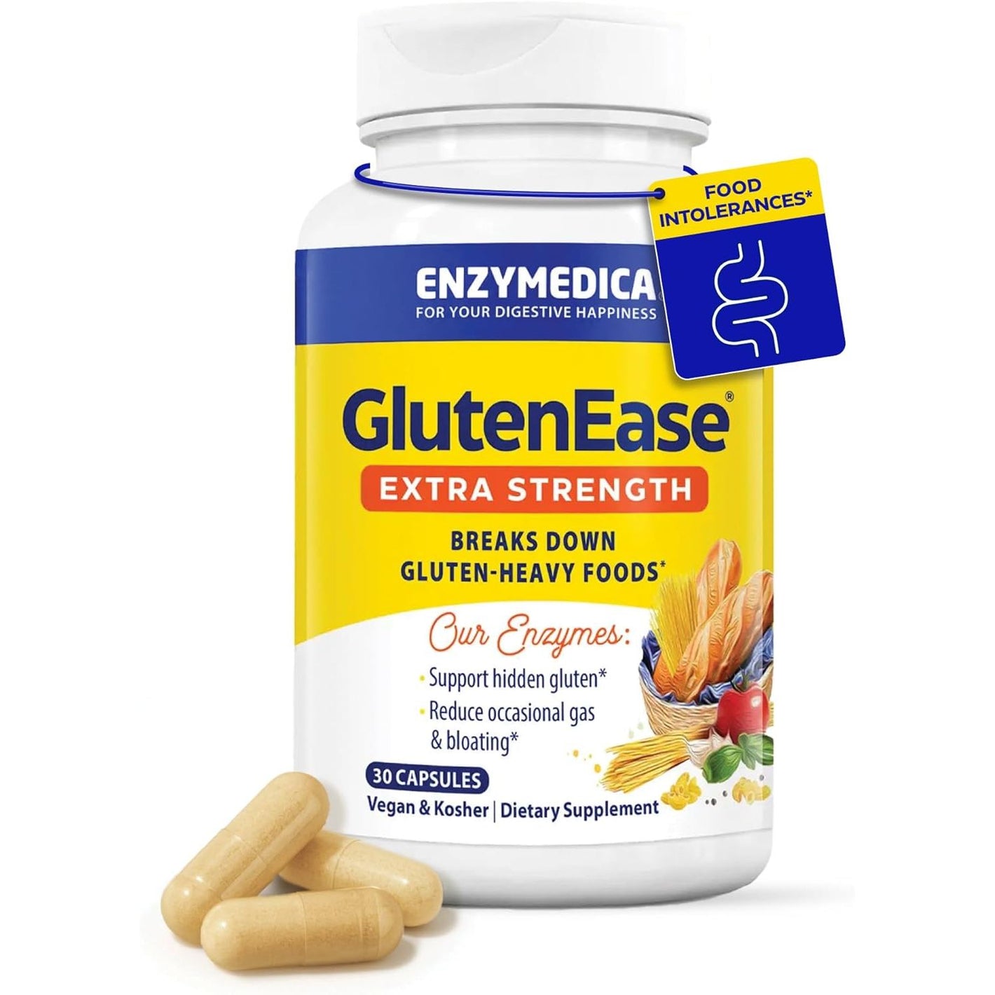 Enzymedica GlutenEase Extra Strength, Advanced Gluten Digestive Enzymes for Women and Men, Fast-Acting Formula for Bloating Relief & Digestive Health, 30 Capsules