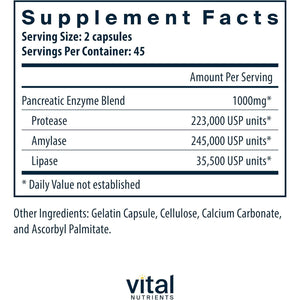 Vital Nutrients Pancreatic Enzymes 1000mg (Full Strength) | Pancreatin Digestion Supplement with Protease, Amylase & Lipase | Digestive Enzymes | Gluten, Dairy, and Soy Free | 90 Capsules