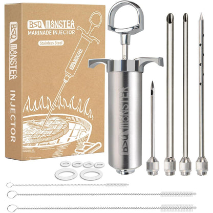 BSQ MONSTER Meat Injector Syringe Kit with 4 Professional Marinade Injector Needles for BBQ Grill Smoker, Turkey and Brisket; 2-oz Large Capacity, Including Paper User Manual, Recipe E-Book (PDF)