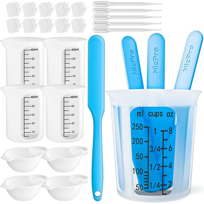 Silicone Resin Measuring Cups Tool Kit- Nicpro 250 & 100 ml Measure Cups, Silicone Popsicle Stir Sticks, Pipettes, Finger Cots for Epoxy Resin Mixing, Molds, Jewelry Making, Waxing, Easy Clean