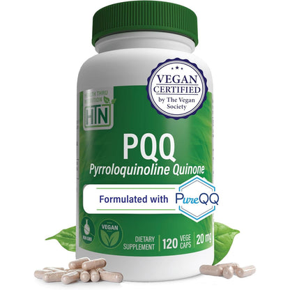 Health Thru Nutrition PQQ 20mg 120 Servings Pyrroloquinoline Quinone as PureQQ | Promotes Mitochondrial Biogenesis | Certified Vegan | Non-GMO Gluten Soy Free Capsules| Clean Label PQQ Supplement