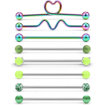 Dyknasz Glow in The Dark Industrial Barbell 16G Surgical Steel Industrial Piercing Jewelry for Women Men Cartilage Earring Helix Rings 1 1/2 Inch 38mm, 8 Pieces