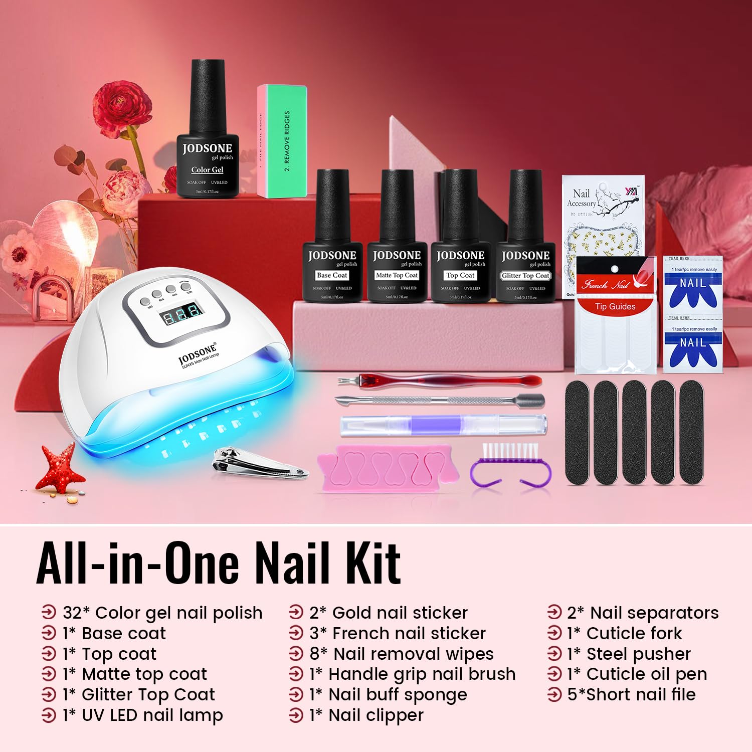 Buy now JODSONE Gel Nail Polish Kit with U V Light 32 Colors Gel Polish Nail + 4 Functional Adhesive Bottles Kit Soak Off Manicure Tools Gifts for Women at indiglob india