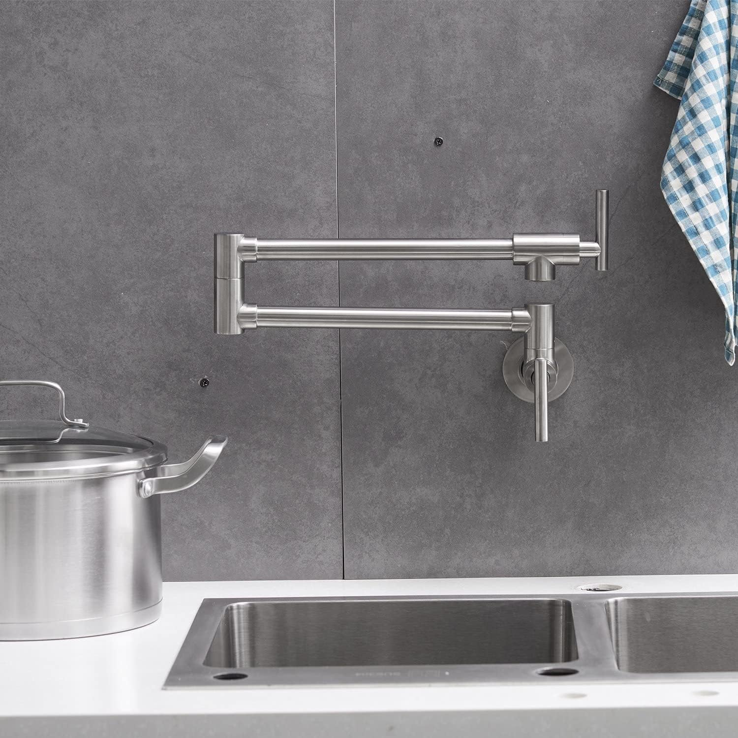 Buy now Pot Filler Faucet Brushed Nickel Wall Mount Commercial Kitchen Faucets Brass Folding Stretchable with Single Hole Two Handles by Aquafaucet at indiglob india