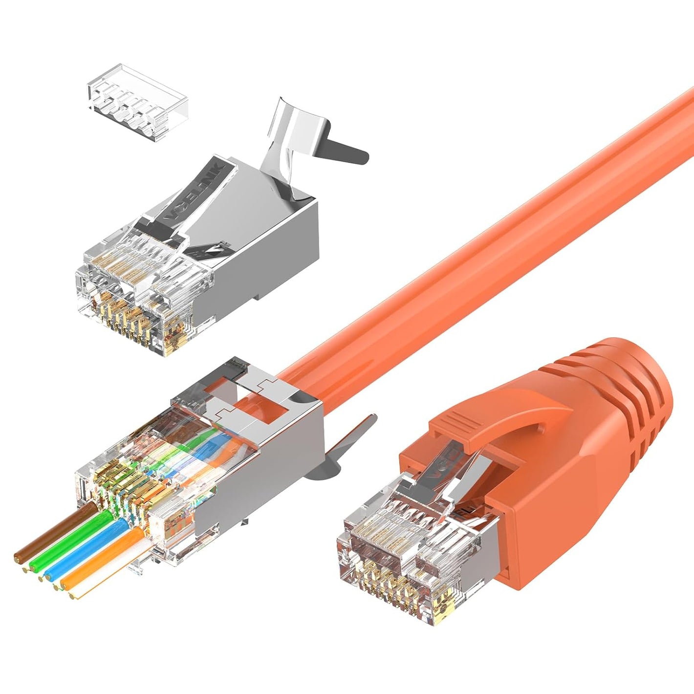 VCELINK CAT6A Connector, RJ45 Connectors Pass Through CAT6A CAT7 Shielded, UL-Listed 3-Prong Gold Plated, CAT7 Connector with Strain Relief Boots (RJ45 Connector-Transparent, Orange, 30-Pack)