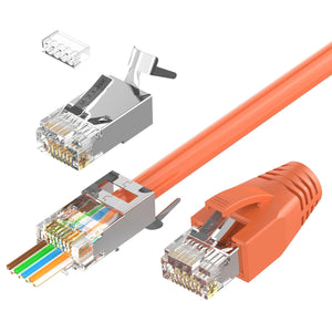 VCELINK CAT6A Connector, RJ45 Connectors Pass Through CAT6A CAT7 Shielded, UL-Listed 3-Prong Gold Plated, CAT7 Connector with Strain Relief Boots (RJ45 Connector-Transparent, Orange, 30-Pack)