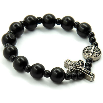 Catholica Shop - Catholic Religious Wear Elasticated Saint Benedict Bracelet Wooden Beads Decade Rosary Stretchable Bracelet for Men and Women