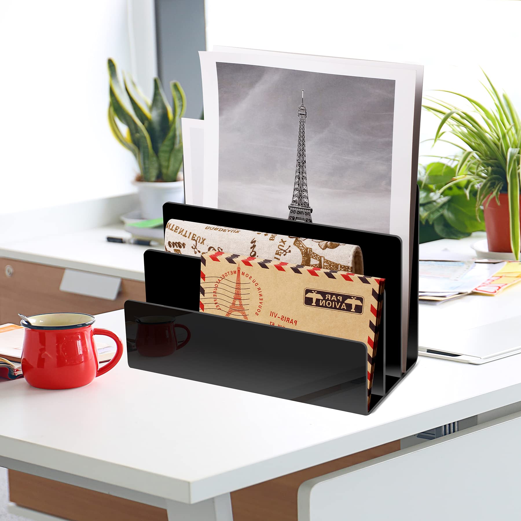 Buy now Acrylic Desktop File Sorter Thick Cast Holder for Document Paper Letter Book Envelope Laptop Office File Organizer Stand Rack on Office Desktop (Black) at indiglob india