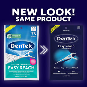 DenTek Complete Clean Easy Reach Floss Picks, No Break & No Shred Floss, 75 Count (Package May Vary)