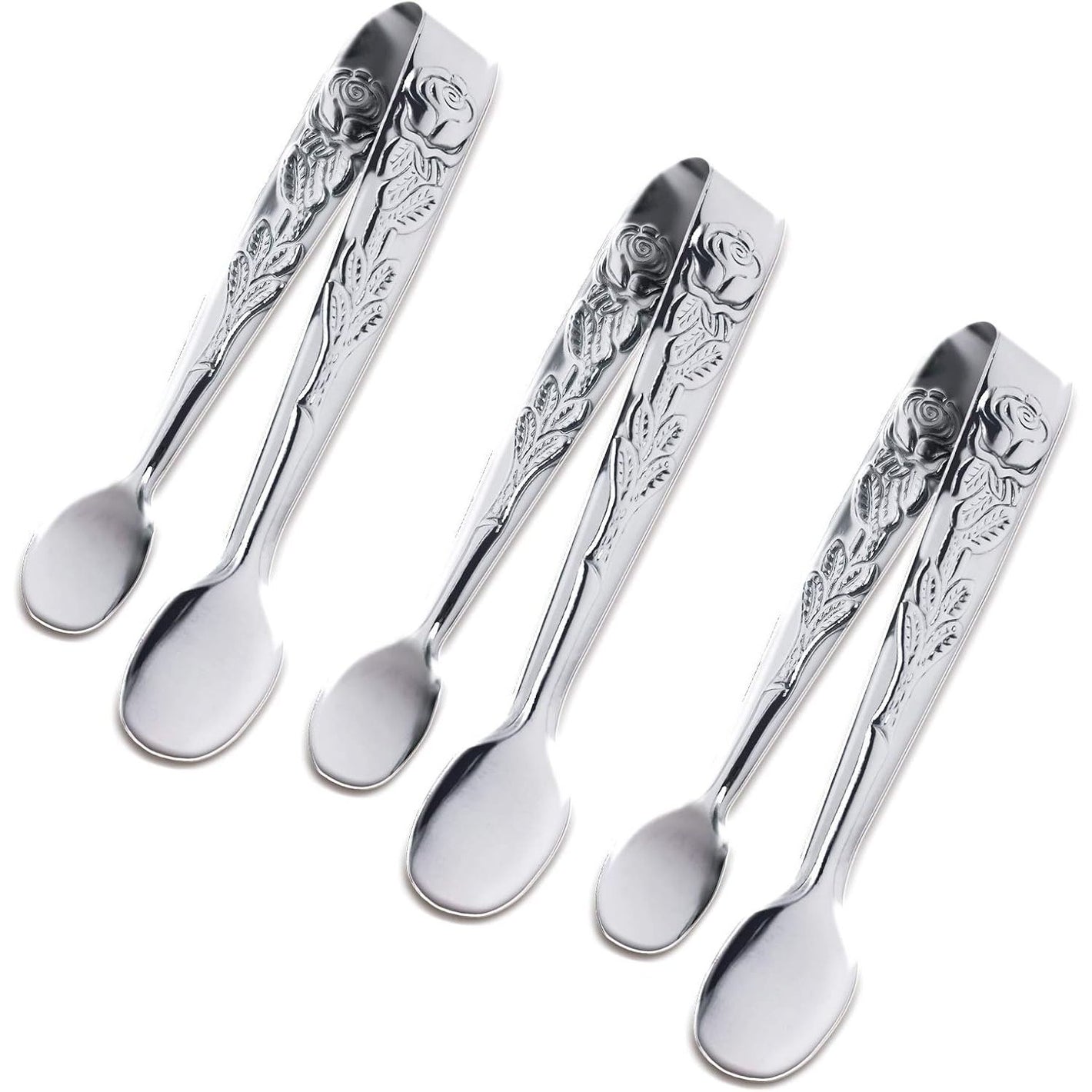 3PCS Mini Serving Tongs, 4Inch Rose Stainless Steel Sugar Cube Tongs, Sliver Small Ice Tong for Tea and Coffee Party, Appetizers, Desserts by Sunenlyst (Silver)