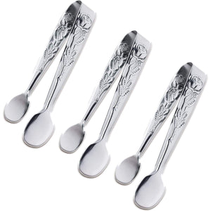 3PCS Mini Serving Tongs, 4Inch Rose Stainless Steel Sugar Cube Tongs, Sliver Small Ice Tong for Tea and Coffee Party, Appetizers, Desserts by Sunenlyst (Silver)