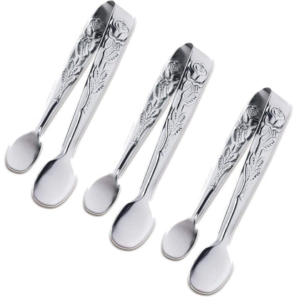 3PCS Mini Serving Tongs, 4Inch Rose Stainless Steel Sugar Cube Tongs, Sliver Small Ice Tong for Tea and Coffee Party, Appetizers, Desserts by Sunenlyst (Silver)