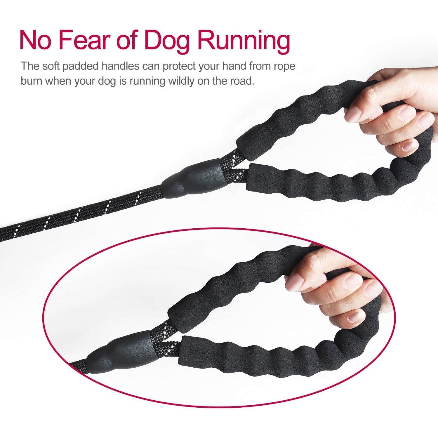 10 FT Strong Dog Leash Extra Heavy Duty Rock Climbing Rope Comfortable Padded Handle Highly Reflective Threads for Small Medium Large Dogs, 1/2 inch Diameter (Black Black) - My Store