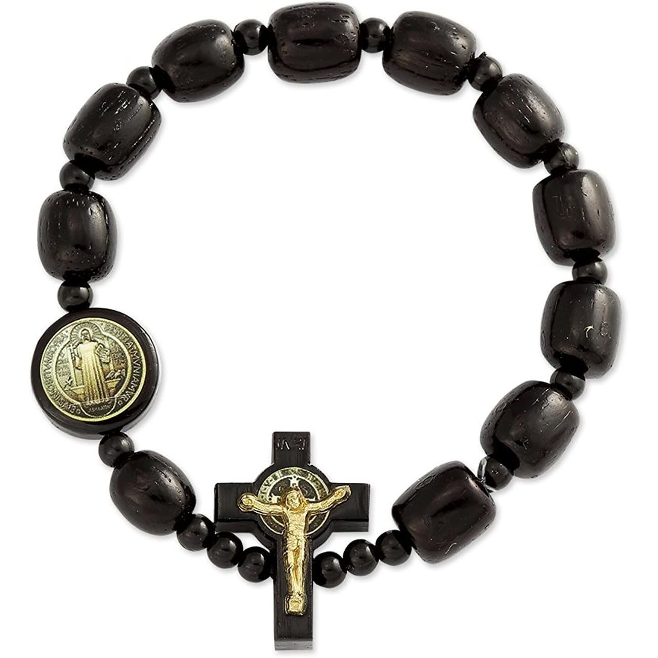Catholica Shop - Catholic Religious Wear Elasticated Saint Benedict Bracelet Wooden Beads Decade Rosary Stretchable Bracelet for Men and Women