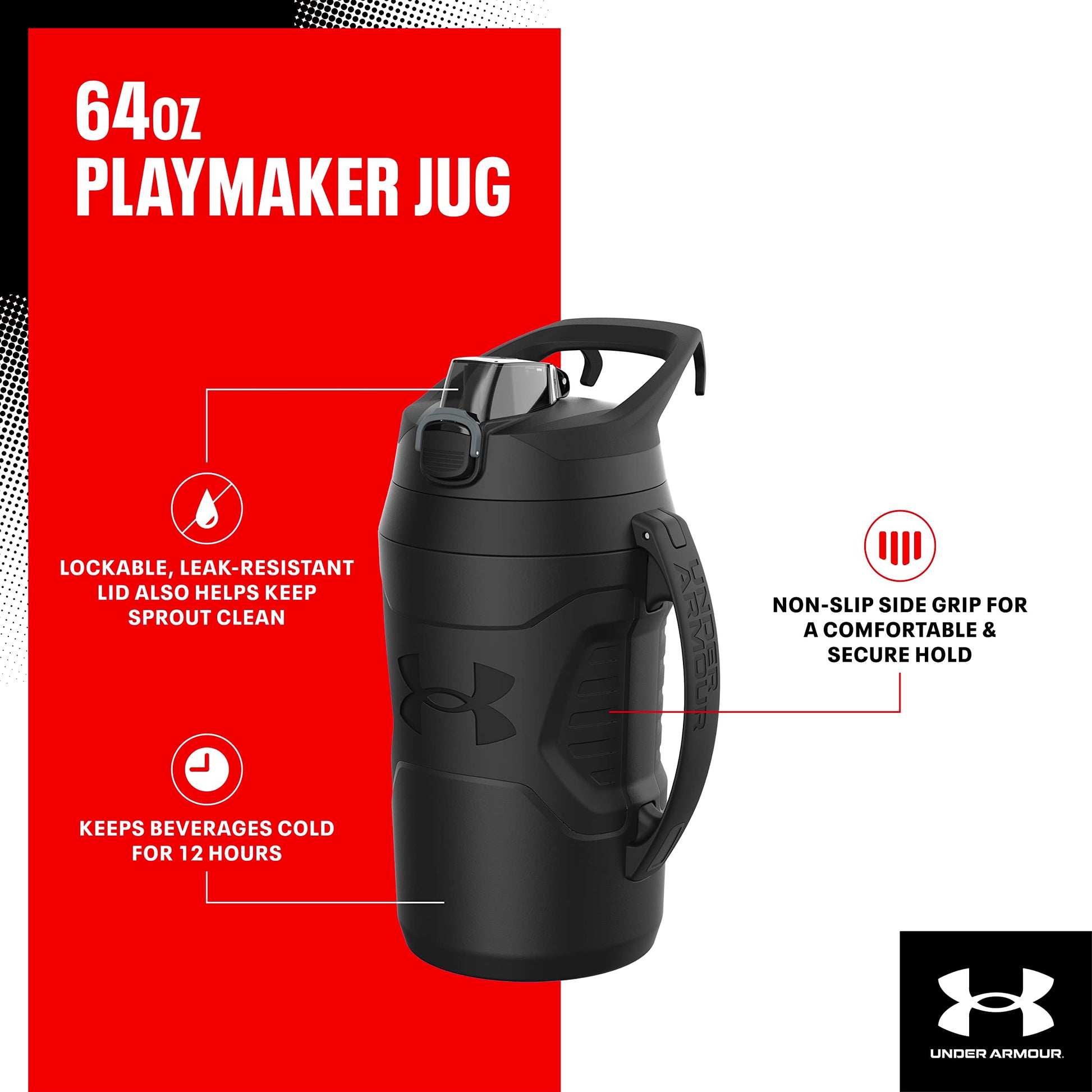 Buy now Under Armour Half Gallon Water Bottle Insulated, 64oz Insulated Water Bottle with Handle, Fence Hook, Leak Resistant, for Baseball, Football & More, Academy/Black at indiglob india