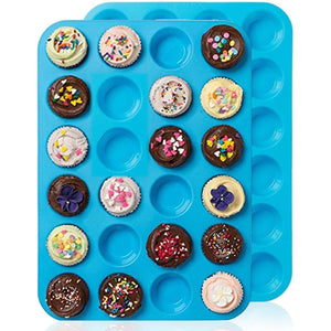Amison Mini Muffin Pan 24 Cups, 2 Packs Silicone Cookies Cupcake Bakeware Tin Soap Tray Mould Non stick, BPA-free, Dishwasher Safe (Blue)