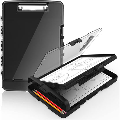 Sooez Original Clipboard with 2 Storage & Pen Holder, Heavy Duty Clip Boards 8.5x11 with Dual Storage, Clearview Dry Erase Coach Clipboard with Real Hinge, High Capacity, School & Office Supplies