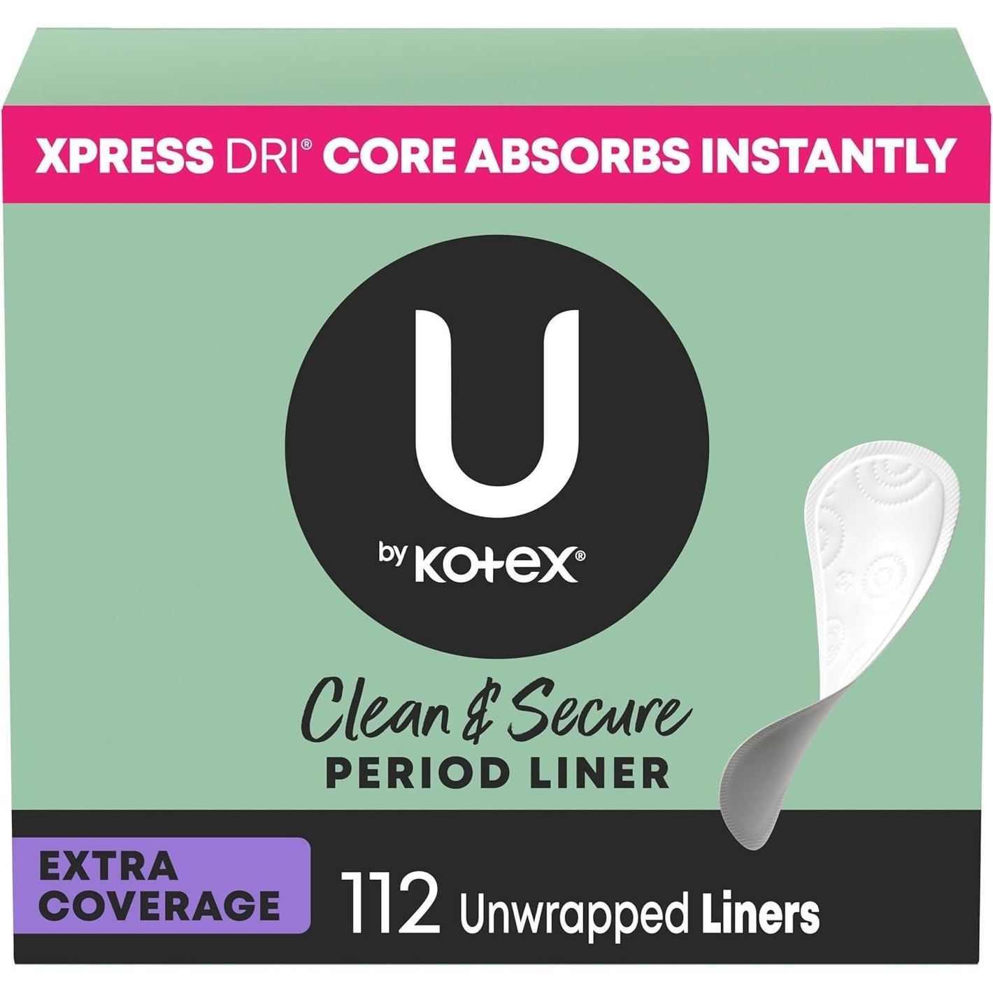 U by Kotex Panty Liners, Clean & Secure, Light Absorbency, Extra Coverage, 112 Count (Packaging May Vary)