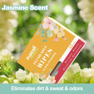 Flushable Butt Wipes Individually Wrapped Feminine Wipes for Women & Adults with Jasmine Scent, Vitamin-E & Aloe for at-Home Use (65 Count, pack of 3)