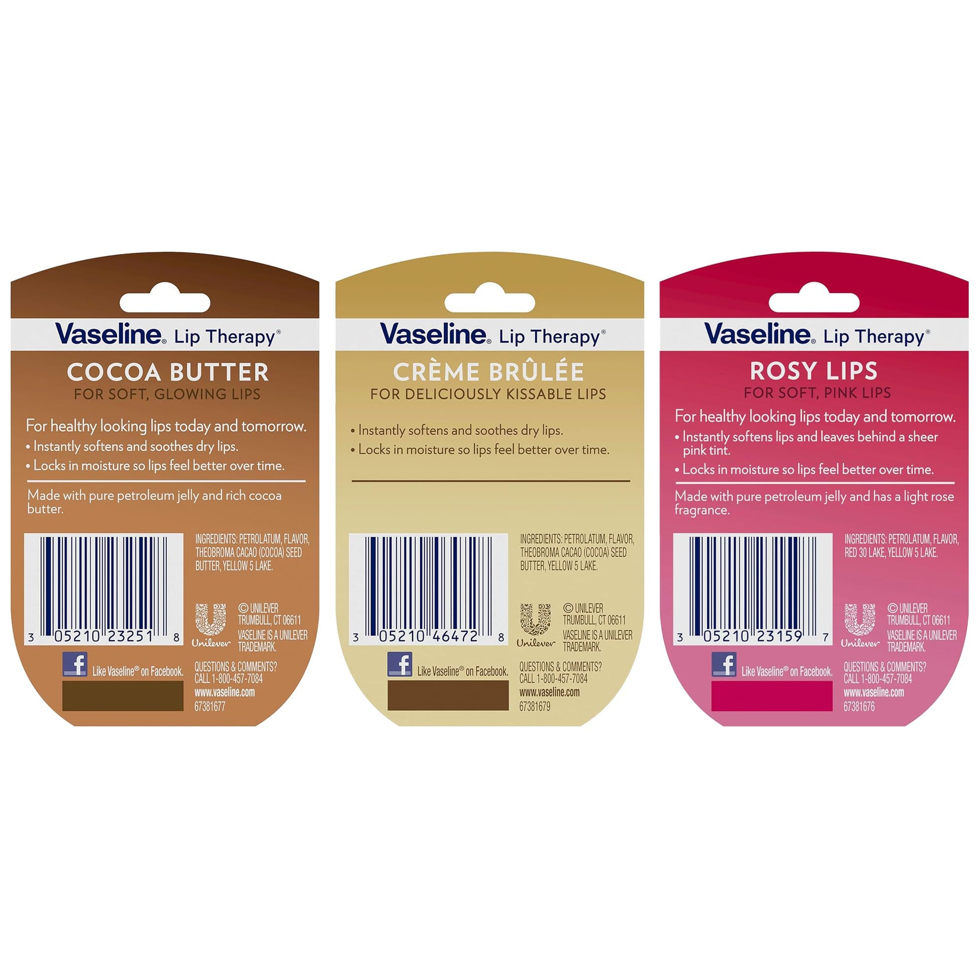 Buy now Vaseline Lip Therapy Variety 3-Pack – Crème Brûlée, Rosy Lips, Cocoa Butter Mini Lip Balms for Soft, Glowing, and Deliciously Kissable Lips, 0.25 Oz Ea at indiglob india