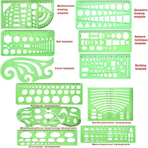 11 Pieces Geometric Drawings Templates Stencils Plastic Measuring Template Rulers Clear Green Shape Template for Drawing Engineering Drafting Building School Office Supplies - My Store