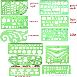 11 Pieces Geometric Drawings Templates Stencils Plastic Measuring Template Rulers Clear Green Shape Template for Drawing Engineering Drafting Building School Office Supplies