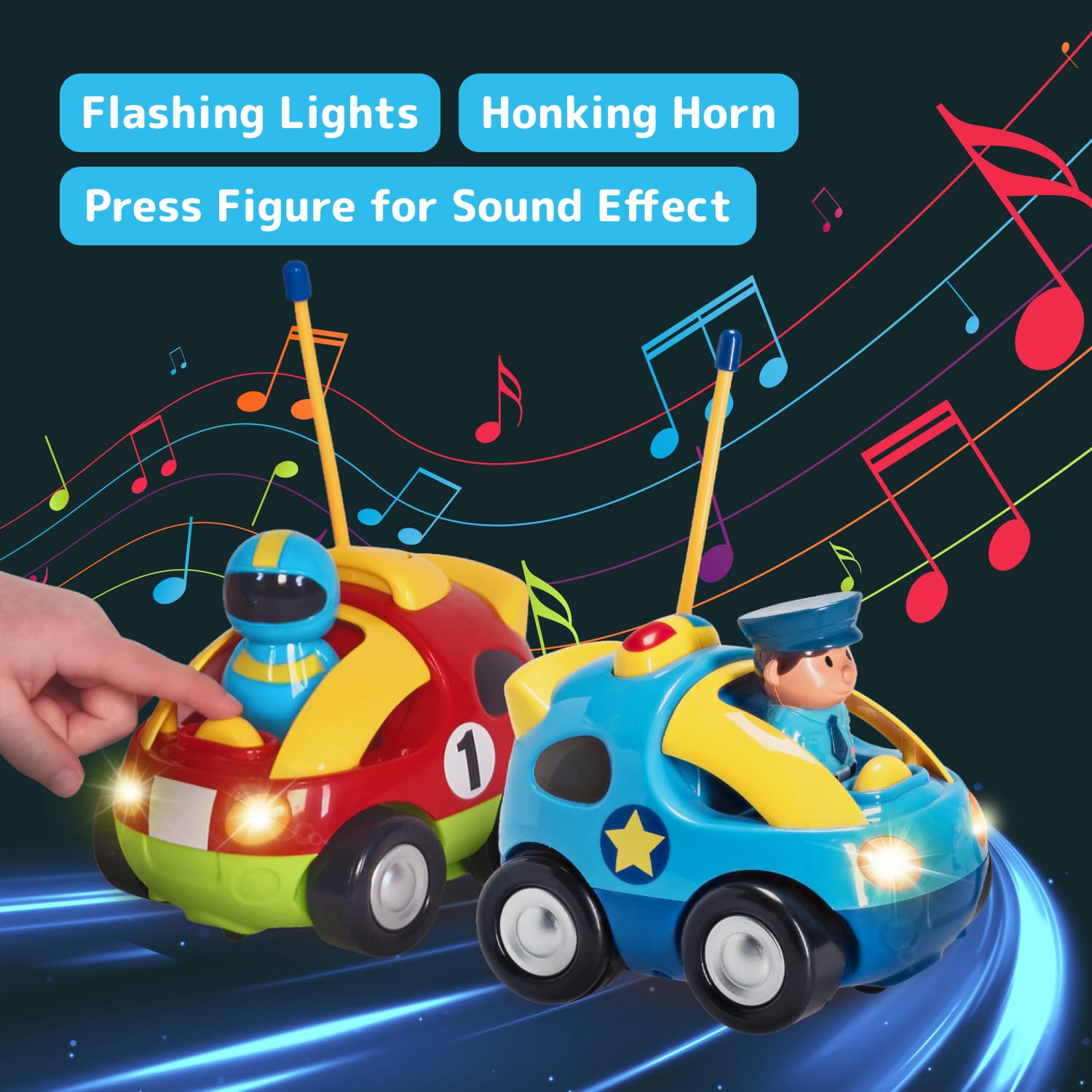 Buy now Prextex 2 Pack Cartoon Remote Control Cars for Toddlers - Police Car and Race Car with Steering Wheel Controllers and Lights - Different Frequencies So Both Can Race Together - Toddler Gift 18+ Months at indiglob india