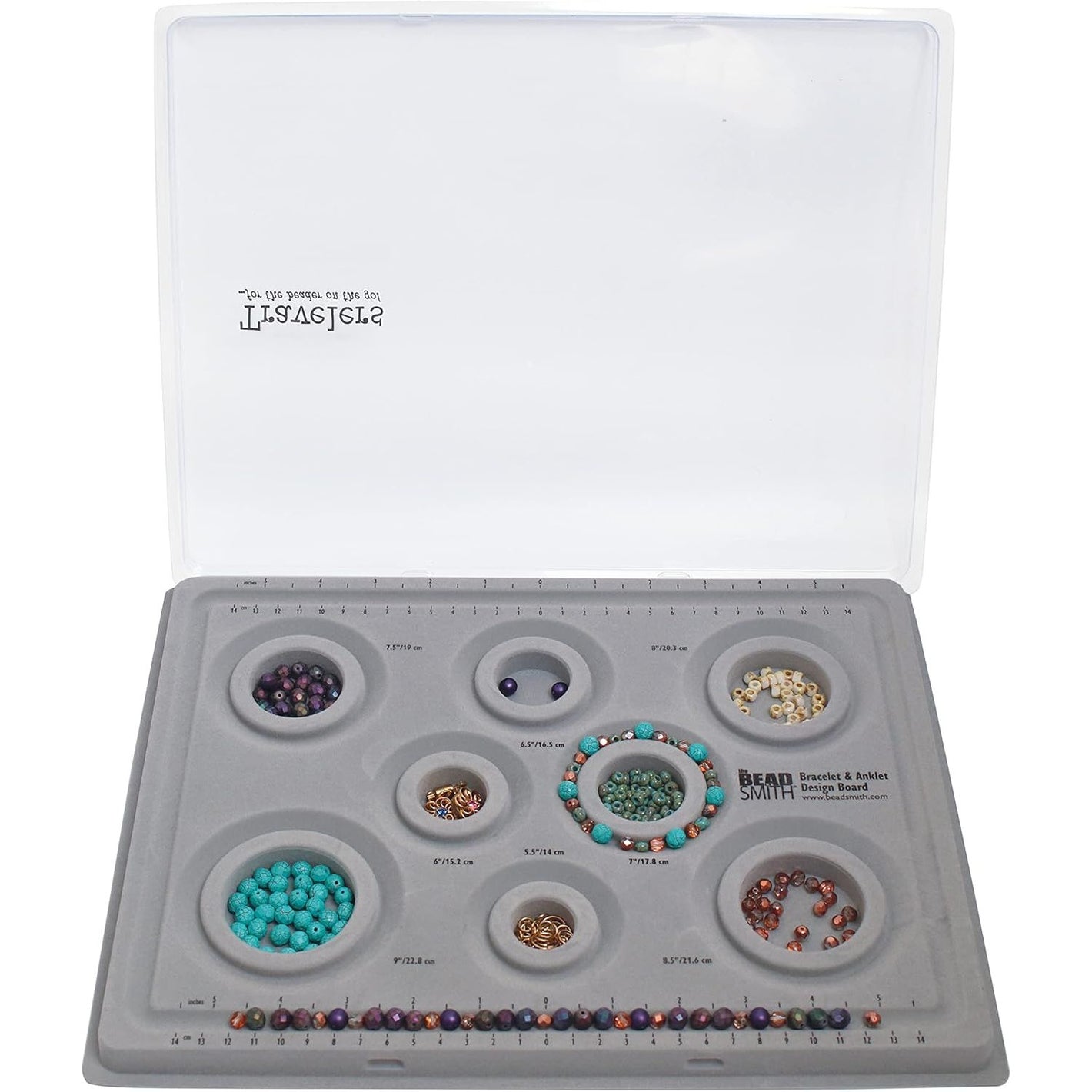 The Beadsmith Elements Bracelet & Anklet Design Bead Board –13.75 x 10.75 x 1 Inches – Removable Transparent Cover – Flocked Surface, Multiple Channels & Printed Ruler – for Jewelry Making