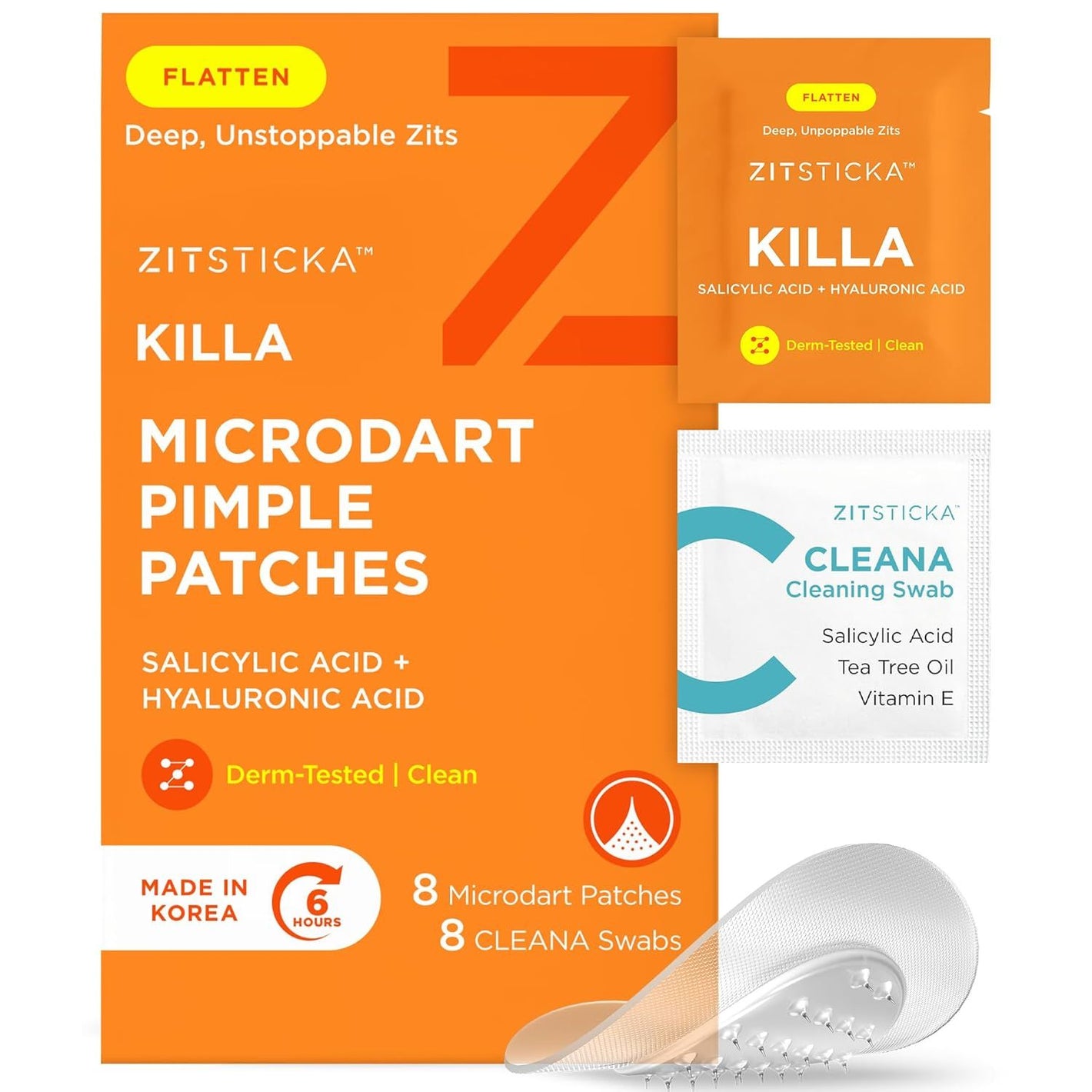 ZitSticka Killa Pimple Patches for Face - World's Most Potent Pimple Patch with Fast-Acting Microdarts - Starts Working within 6 Hours for Deep, Early-Stage Zits - Regular 8 Count with Cleana Swab