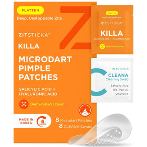 ZitSticka Killa Pimple Patches for Face - World's Most Potent Pimple Patch with Fast-Acting Microdarts - Starts Working within 6 Hours for Deep, Early-Stage Zits - Regular 8 Count with Cleana Swab