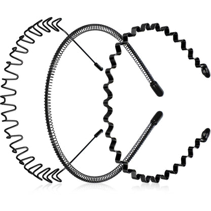 3 Pack Unisex Hair Band Metal Headband Black Head Band Spring Wavy Nonslip Men Women Sports Fashion Headwear (Small Spring)